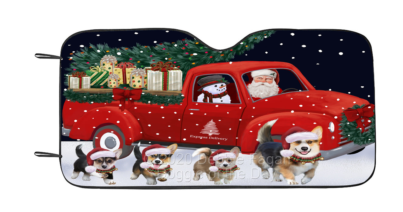 Christmas Express Delivery Red Truck Running Pembroke Welsh Corgi Dog Car Sun Shade Cover Curtain
