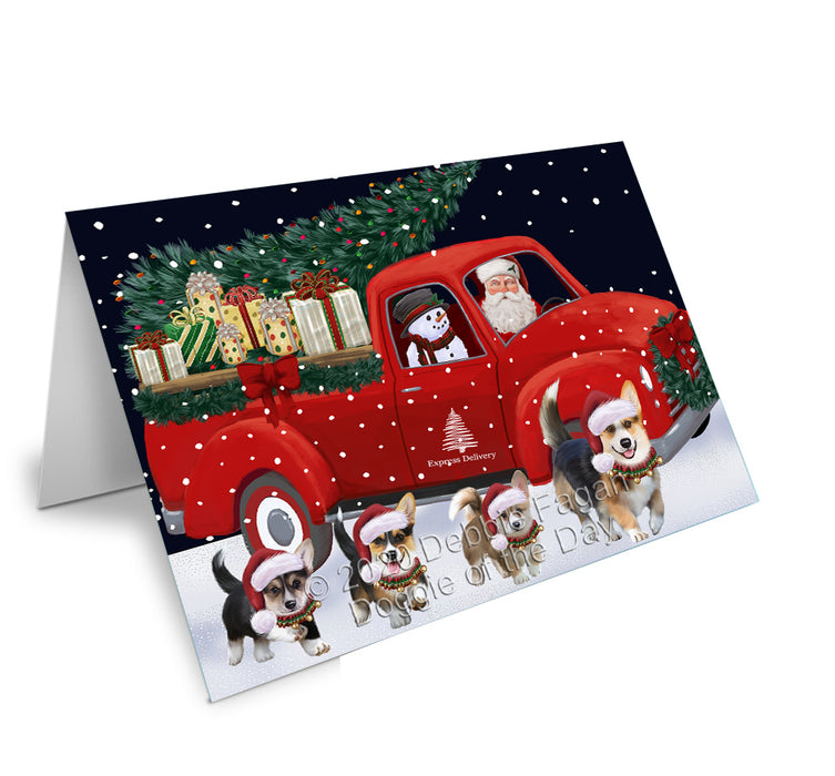 Christmas Express Delivery Red Truck Running Pembroke Welsh Corgi Dogs Handmade Artwork Assorted Pets Greeting Cards and Note Cards with Envelopes for All Occasions and Holiday Seasons GCD75185