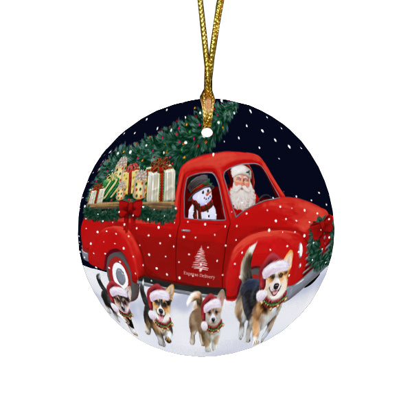 Christmas Express Delivery Red Truck Running Pembroke Welsh Corgi Dogs Round Flat Christmas Ornament RFPOR57765