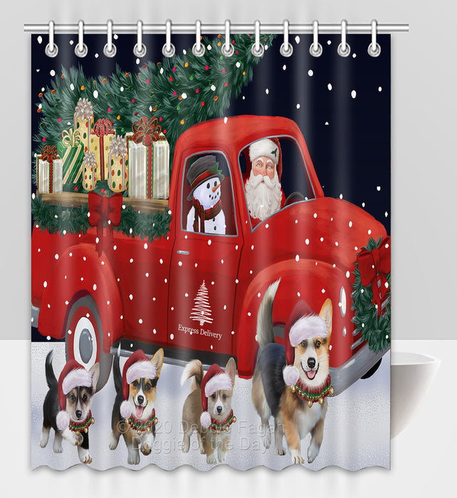 Christmas Express Delivery Red Truck Running Pembroke Welsh Corgi Dogs Shower Curtain Bathroom Accessories Decor Bath Tub Screens
