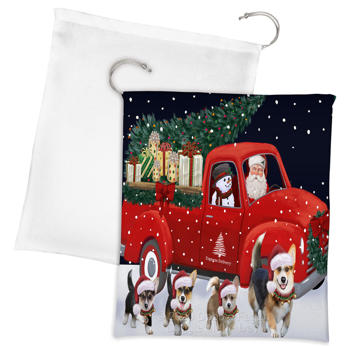 Christmas Express Delivery Red Truck Running Pembroke Welsh Corgi Dogs Drawstring Laundry or Gift Bag LGB48917