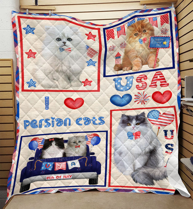 4th of July Independence Day I Love USA Persian Cats Quilt Bed Coverlet Bedspread - Pets Comforter Unique One-side Animal Printing - Soft Lightweight Durable Washable Polyester Quilt