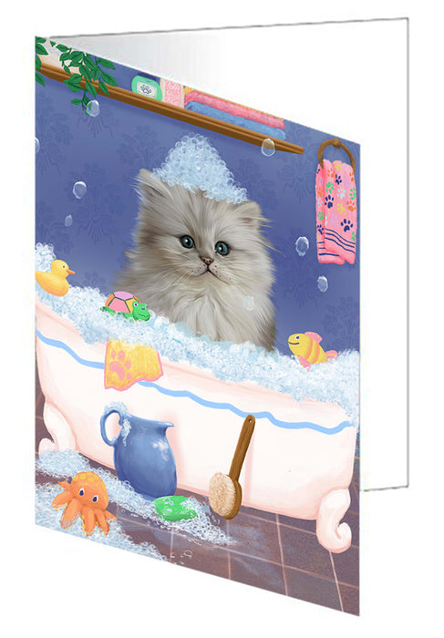 Rub A Dub Dog In A Tub Persian Cat Dog Handmade Artwork Assorted Pets Greeting Cards and Note Cards with Envelopes for All Occasions and Holiday Seasons GCD79544