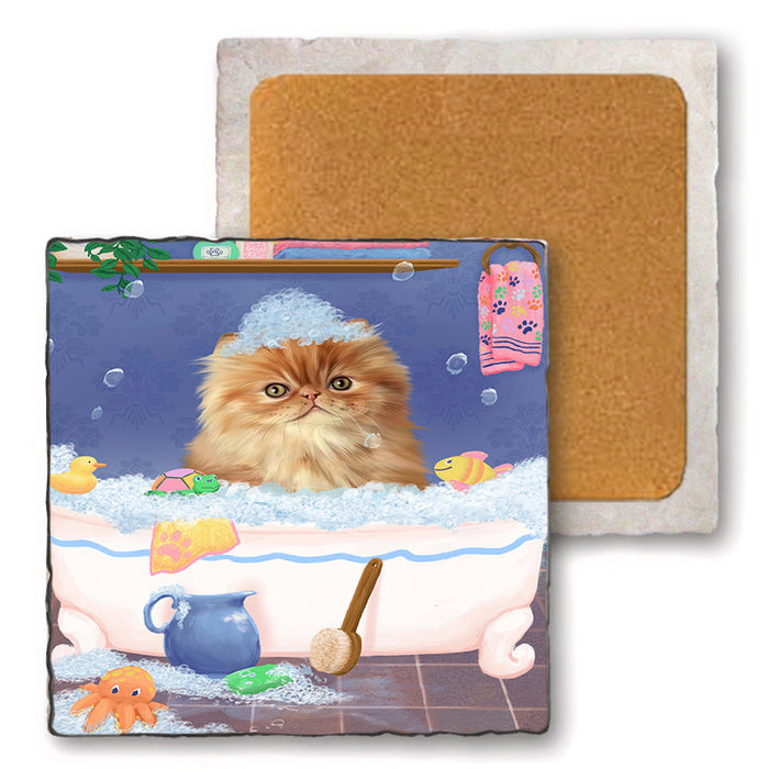 Rub A Dub Dog In A Tub Persian Cat Dog Set of 4 Natural Stone Marble Tile Coasters MCST52408