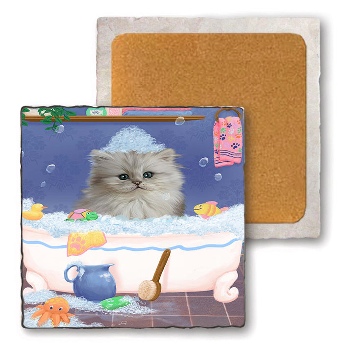 Rub A Dub Dog In A Tub Persian Cat Dog Set of 4 Natural Stone Marble Tile Coasters MCST52410