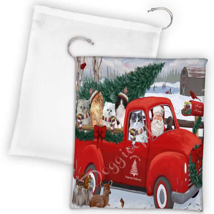 Christmas Santa Express Delivery Red Truck Persian Cats Drawstring Laundry or Gift Bag LGB48326