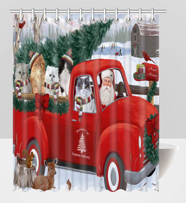 Christmas Santa Express Delivery Red Truck Persian Cats Shower Curtain