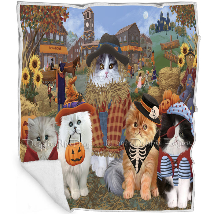 Halloween 'Round Town And Fall Pumpkin Scarecrow Both Persian Cats Blanket BLNKT139097