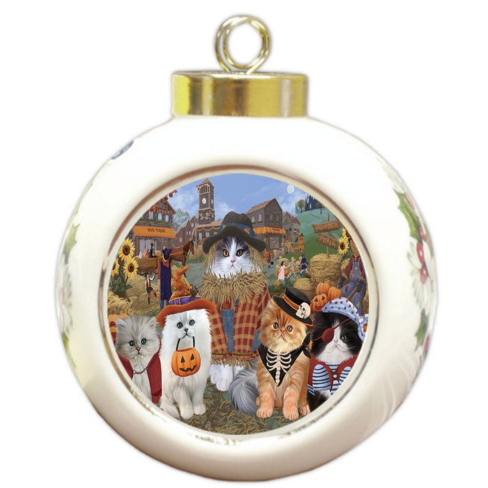 Halloween 'Round Town And Fall Pumpkin Scarecrow Both Persian Cats Round Ball Christmas Ornament RBPOR57419