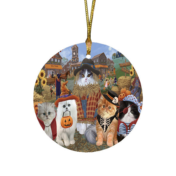 Halloween 'Round Town And Fall Pumpkin Scarecrow Both Persian Cats Round Flat Christmas Ornament RFPOR57419