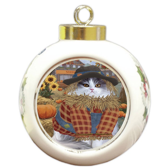 Halloween 'Round Town And Fall Pumpkin Scarecrow Both Persian Cats Round Ball Christmas Ornament RBPOR57480