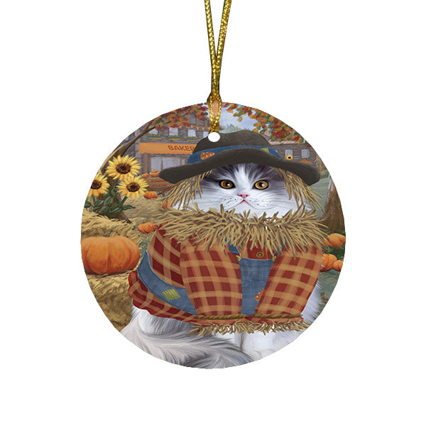 Halloween 'Round Town And Fall Pumpkin Scarecrow Both Persian Cats Round Flat Christmas Ornament RFPOR57480