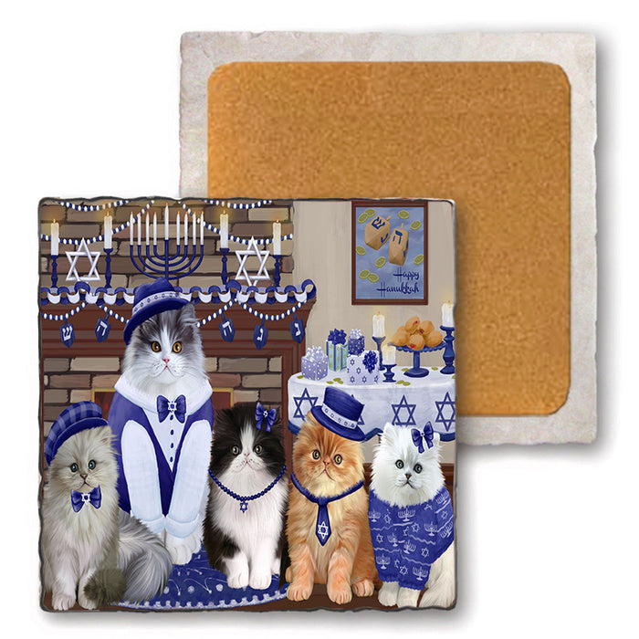 Happy Hanukkah Family Persian Cats Set of 4 Natural Stone Marble Tile Coasters MCST52275