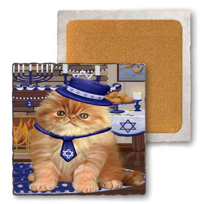 Happy Hanukkah  Persian Cats Set of 4 Natural Stone Marble Tile Coasters MCST52488