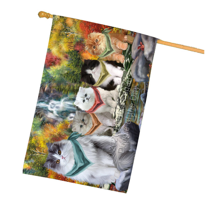 Scenic Waterfall Persian Cats House Flag Outdoor Decorative Double Sided Pet Portrait Weather Resistant Premium Quality Animal Printed Home Decorative Flags 100% Polyester