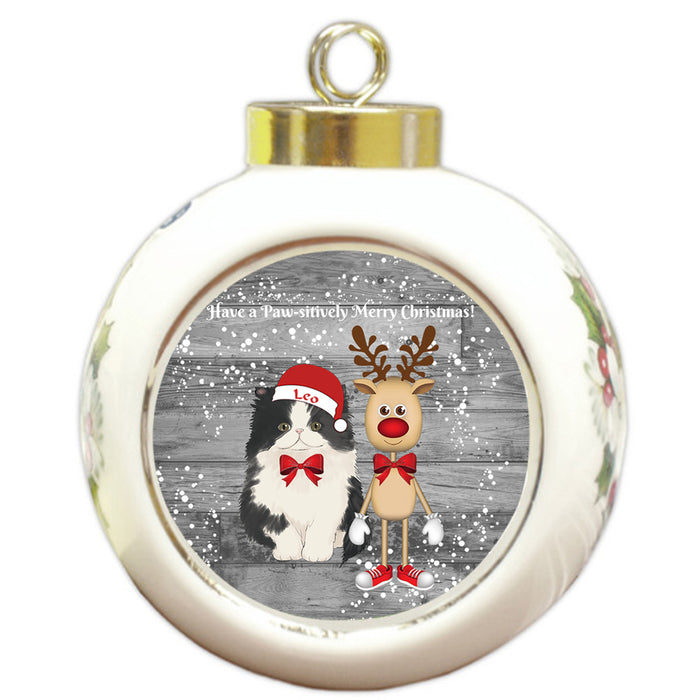 Custom Personalized Persian Cat Reindeer and Pooch Christmas Round Ball Ornament