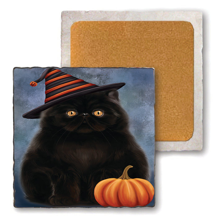 Happy Halloween Persian Cat Wearing Witch Hat with Pumpkin Set of 4 Natural Stone Marble Tile Coasters MCST49967