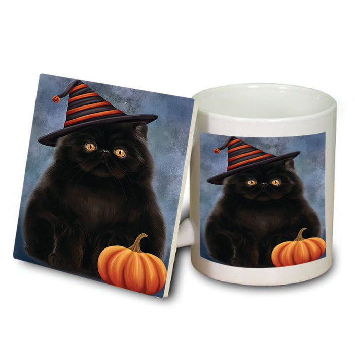 Happy Halloween Persian Cat Wearing Witch Hat with Pumpkin Mug and Coaster Set MUC54959