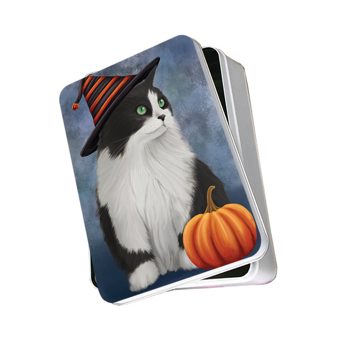 Happy Halloween Persian Cat Wearing Witch Hat with Pumpkin Photo Storage Tin PITN54909