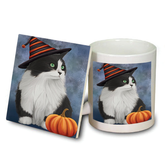 Happy Halloween Persian Cat Wearing Witch Hat with Pumpkin Mug and Coaster Set MUC54958