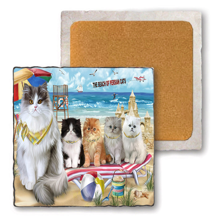 Pet Friendly Beach Persian Cats Set of 4 Natural Stone Marble Tile Coasters MCST49173
