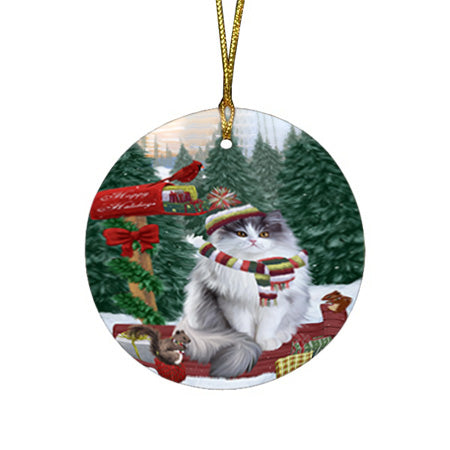 Merry Christmas Woodland Sled Persian Cat Round Flat Christmas Ornament RFPOR55340