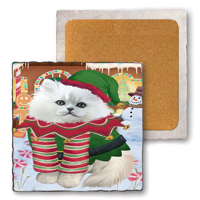 Christmas Gingerbread House Candyfest Persian Cat Set of 4 Natural Stone Marble Tile Coasters MCST51470