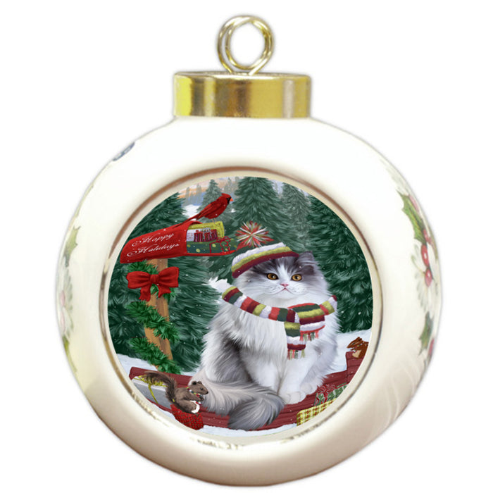 Merry Christmas Woodland Sled Persian Cat Round Ball Christmas Ornament RBPOR55340