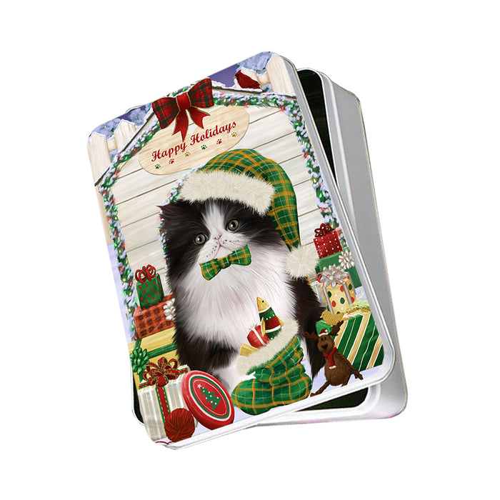 Happy Holidays Christmas Persian Cat House With Presents Photo Storage Tin PITN51476