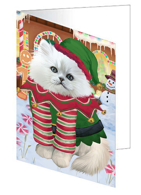 Christmas Gingerbread House Candyfest Persian Cat Handmade Artwork Assorted Pets Greeting Cards and Note Cards with Envelopes for All Occasions and Holiday Seasons GCD73925