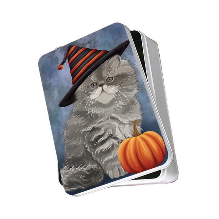 Happy Halloween Persian Cat Wearing Witch Hat with Pumpkin Photo Storage Tin PITN54911