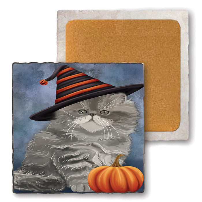Happy Halloween Persian Cat Wearing Witch Hat with Pumpkin Set of 4 Natural Stone Marble Tile Coasters MCST49968