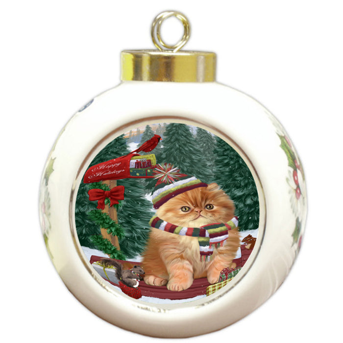 Merry Christmas Woodland Sled Persian Cat Round Ball Christmas Ornament RBPOR55341