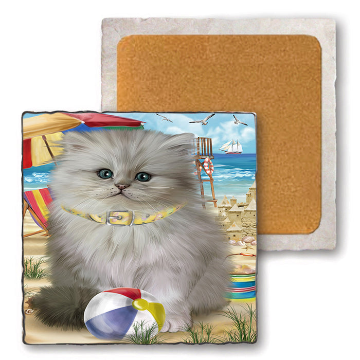 Pet Friendly Beach Persian Cat Set of 4 Natural Stone Marble Tile Coasters MCST49174