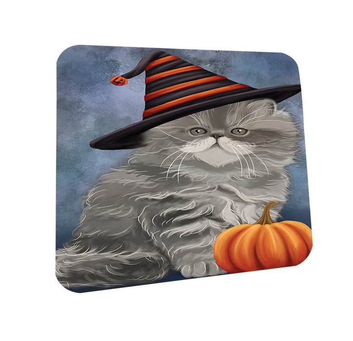 Happy Halloween Persian Cat Wearing Witch Hat with Pumpkin Coasters Set of 4 CST54926