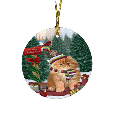 Merry Christmas Woodland Sled Persian Cat Round Flat Christmas Ornament RFPOR55341
