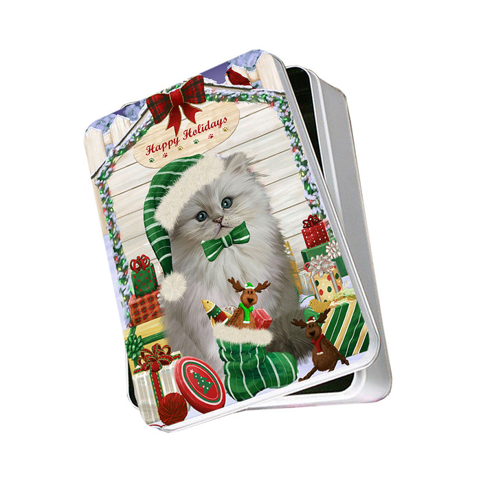 Happy Holidays Christmas Persian Cat House With Presents Photo Storage Tin PITN51477