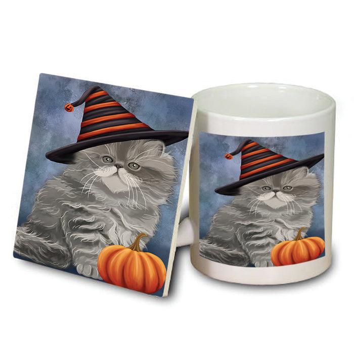 Happy Halloween Persian Cat Wearing Witch Hat with Pumpkin Mug and Coaster Set MUC54960