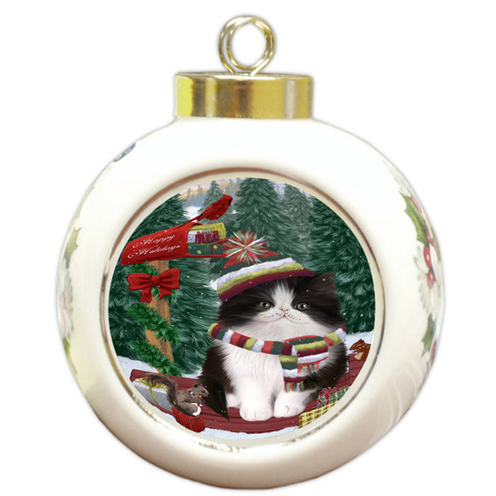Merry Christmas Woodland Sled Persian Cat Round Ball Christmas Ornament RBPOR55342