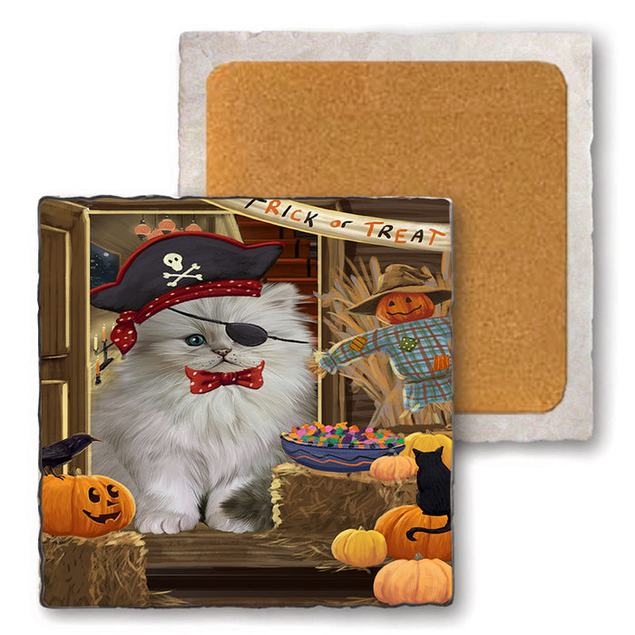 Enter at Own Risk Trick or Treat Halloween Persian Cat Set of 4 Natural Stone Marble Tile Coasters MCST48211