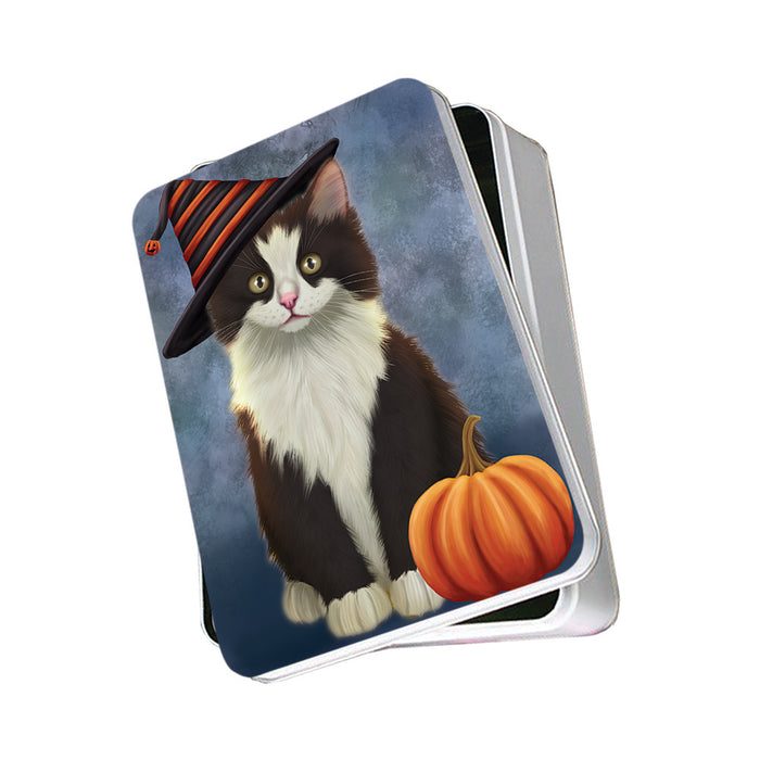 Happy Halloween Persian Cat Wearing Witch Hat with Pumpkin Photo Storage Tin PITN54912