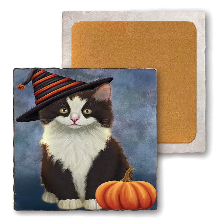 Happy Halloween Persian Cat Wearing Witch Hat with Pumpkin Set of 4 Natural Stone Marble Tile Coasters MCST49969