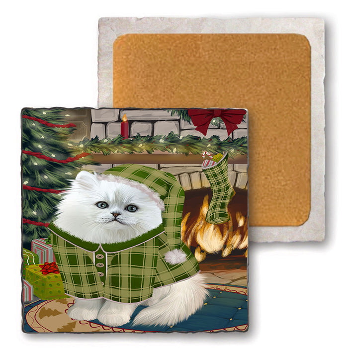 The Stocking was Hung Persian Cat Set of 4 Natural Stone Marble Tile Coasters MCST50556