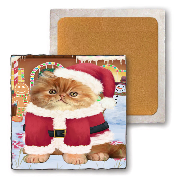 Christmas Gingerbread House Candyfest Persian Cat Set of 4 Natural Stone Marble Tile Coasters MCST51472