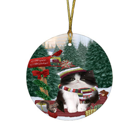 Merry Christmas Woodland Sled Persian Cat Round Flat Christmas Ornament RFPOR55342