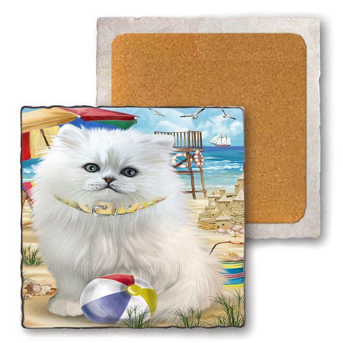 Pet Friendly Beach Persian Cat Set of 4 Natural Stone Marble Tile Coasters MCST49175