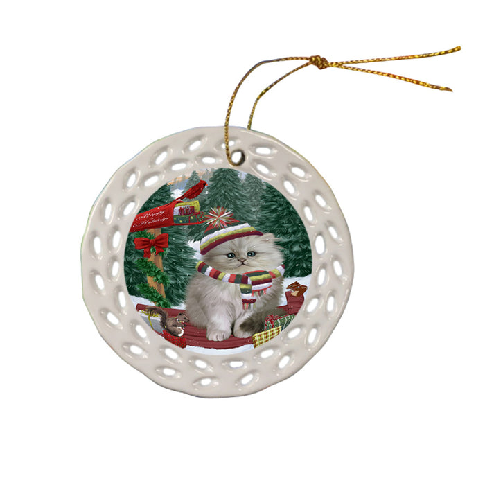 Merry Christmas Woodland Sled Persian Cat Ceramic Doily Ornament DPOR55343