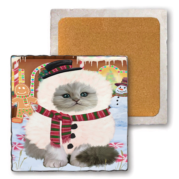 Christmas Gingerbread House Candyfest Persian Cat Set of 4 Natural Stone Marble Tile Coasters MCST51473