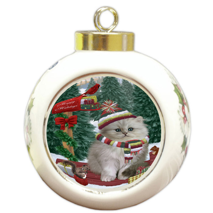 Merry Christmas Woodland Sled Persian Cat Round Ball Christmas Ornament RBPOR55343