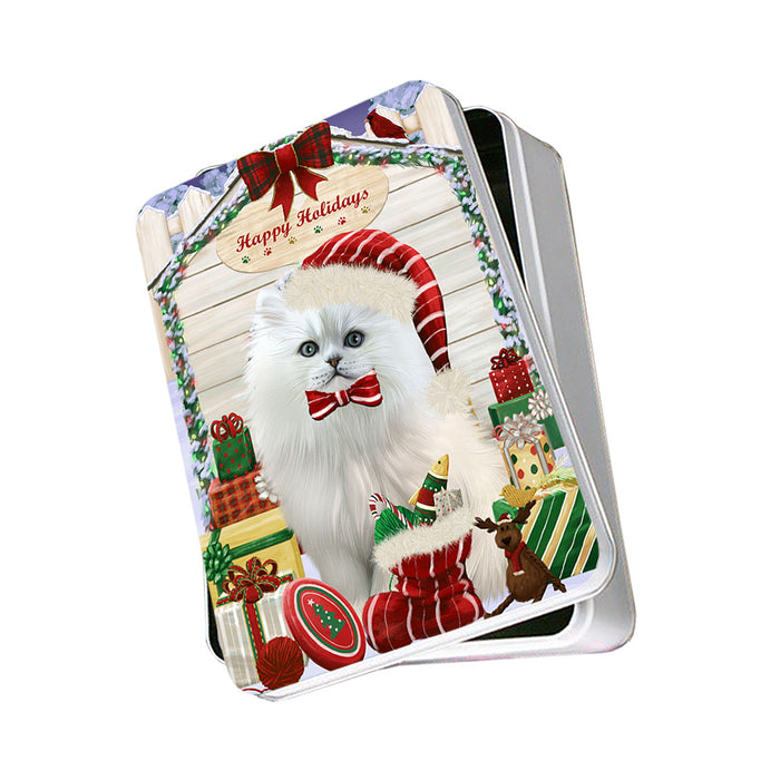 Happy Holidays Christmas Persian Cat House With Presents Photo Storage Tin PITN51479